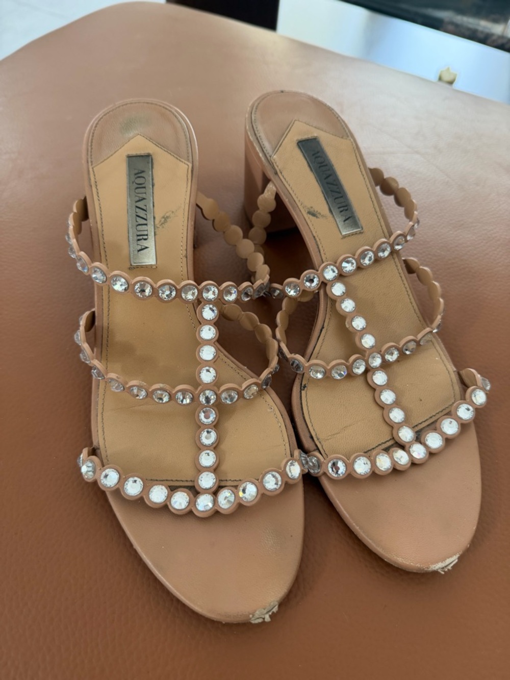 Aquazzura Tequila Crystal Embellished Leather Mules Nude Size 40 Block Heel